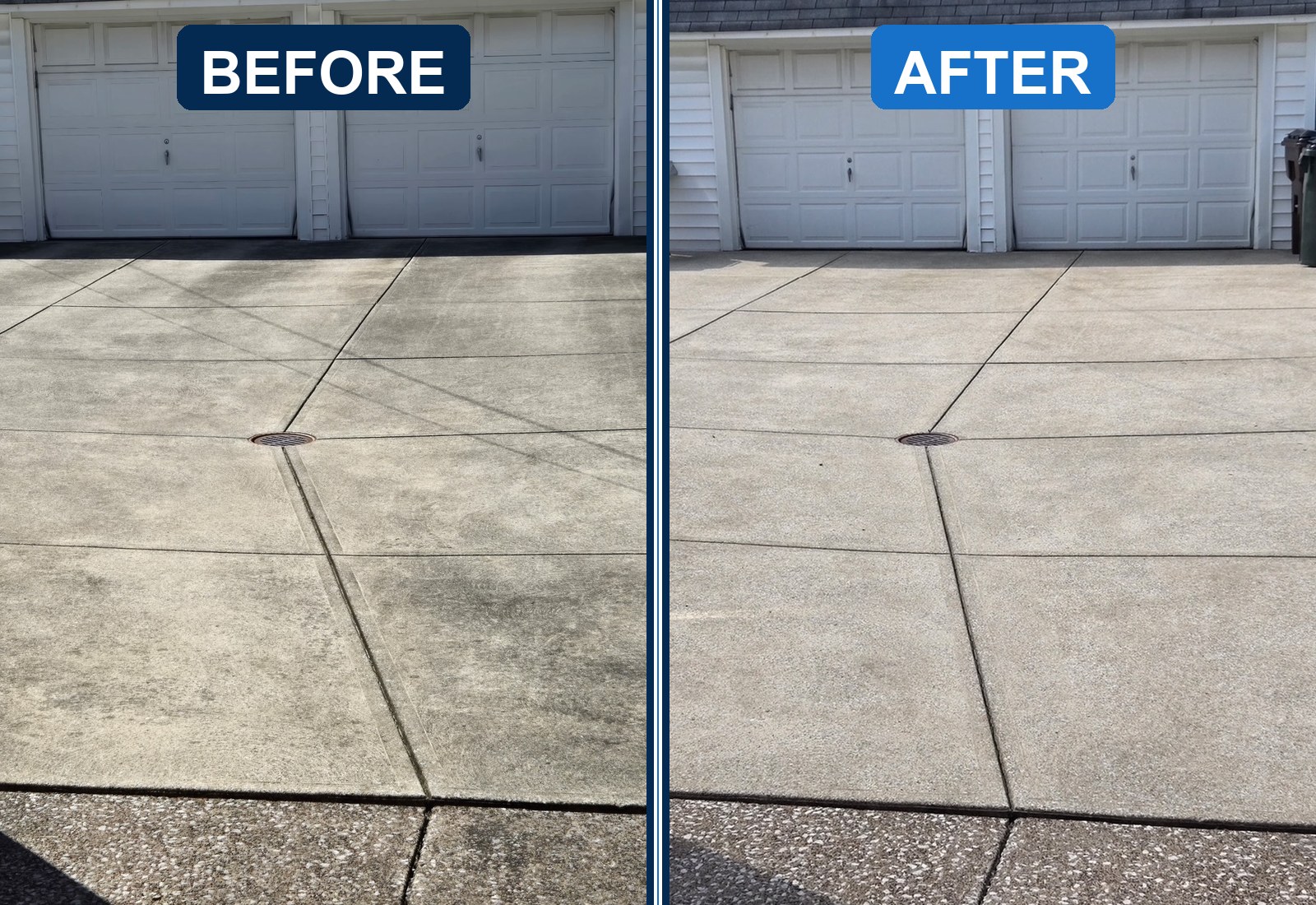 Angle-matched before-and-after view of a residential concrete driveway cleaned by North Coast Pressure Washing
