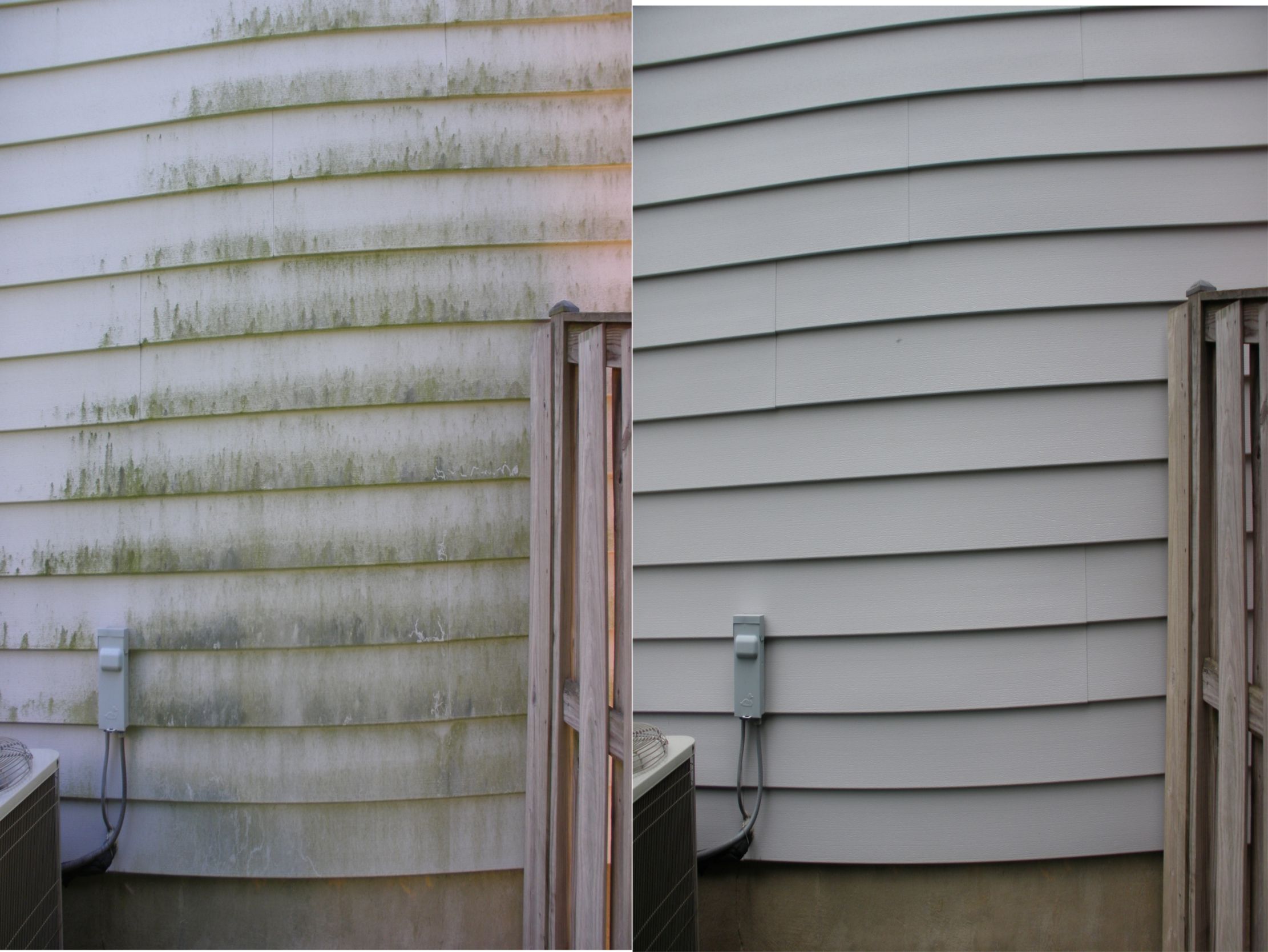 Real before-and-after photograph of vinyl siding cleaned with a low-pressure washing method